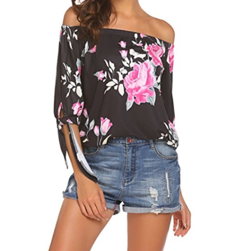 Women Off Shoulder 3/4 Sleeve Floral Print Blouse - Picture 1 of 4